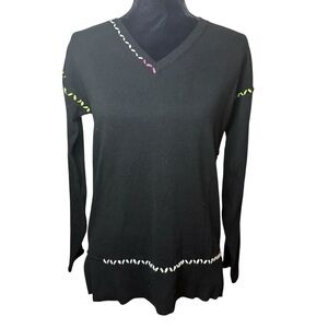 Black V-Neck Sweater with Neon Whip Stitch Trim | 100% Cotton | Sz S